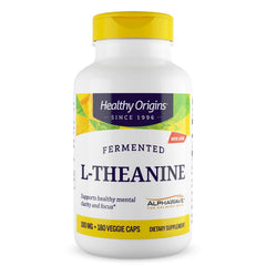Healthy Origins envase frontal mostrando 180 cápsulas vegetales y beneficio calma