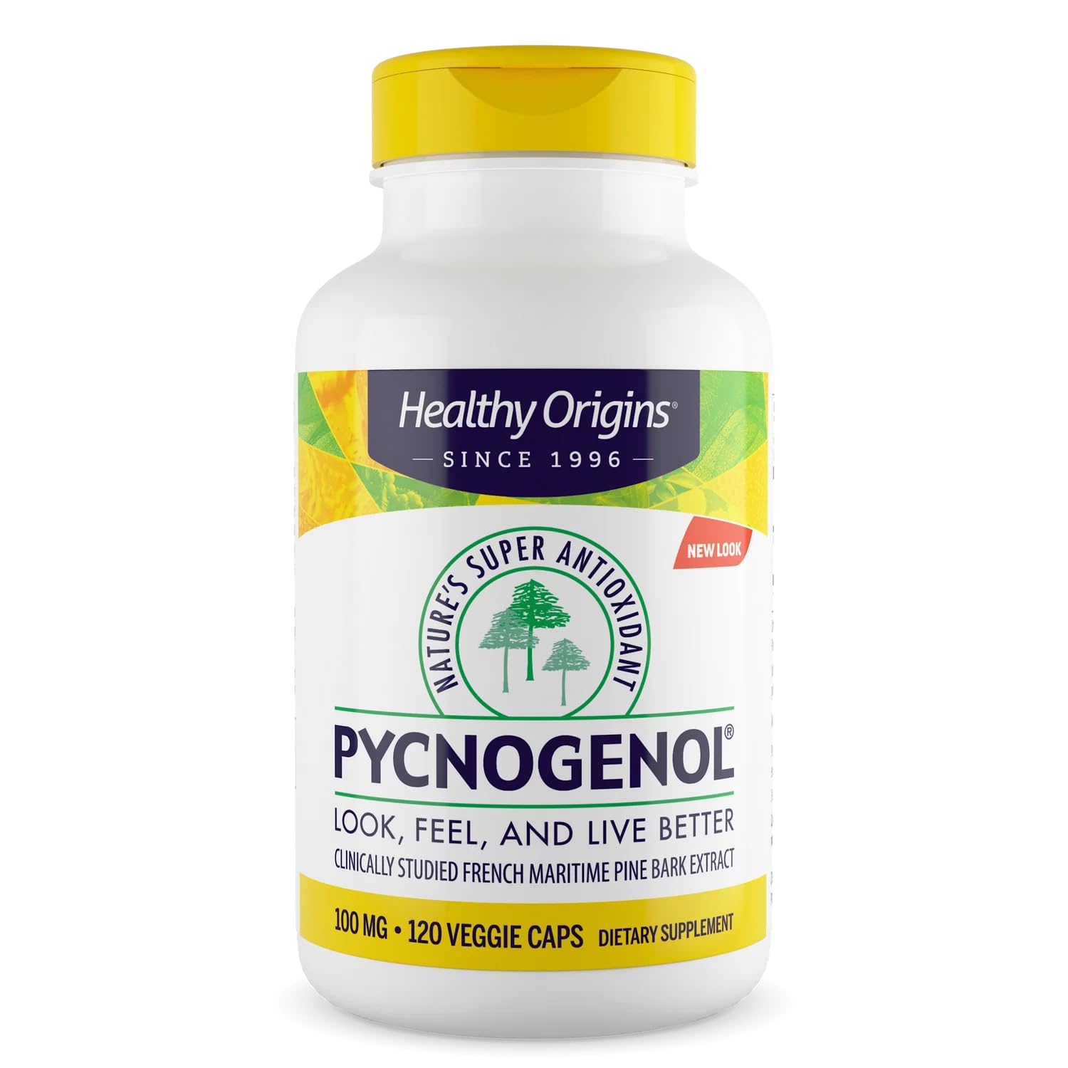 Healthy Origins frasco frontal mostrando etiqueta clara y beneficios