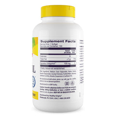 Healthy Origins detalle de aceite brillante en softgel resaltando fórmula liposoluble beneficio biodisponibilidad