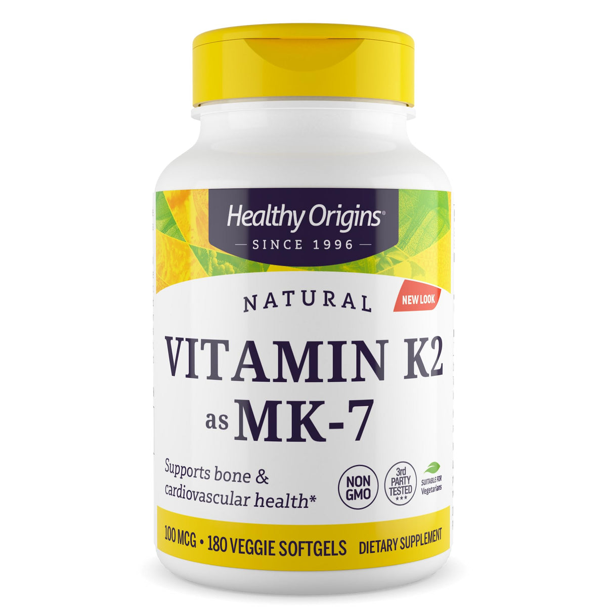 Healthy Origins botella frontal del suplemento K2 MK-7 mostrando etiqueta clara y beneficio óseo
