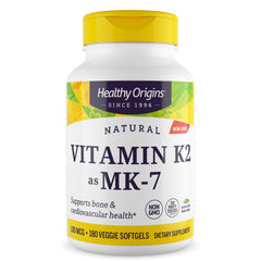 Healthy Origins botella frontal del suplemento K2 MK-7 mostrando etiqueta clara y beneficio óseo