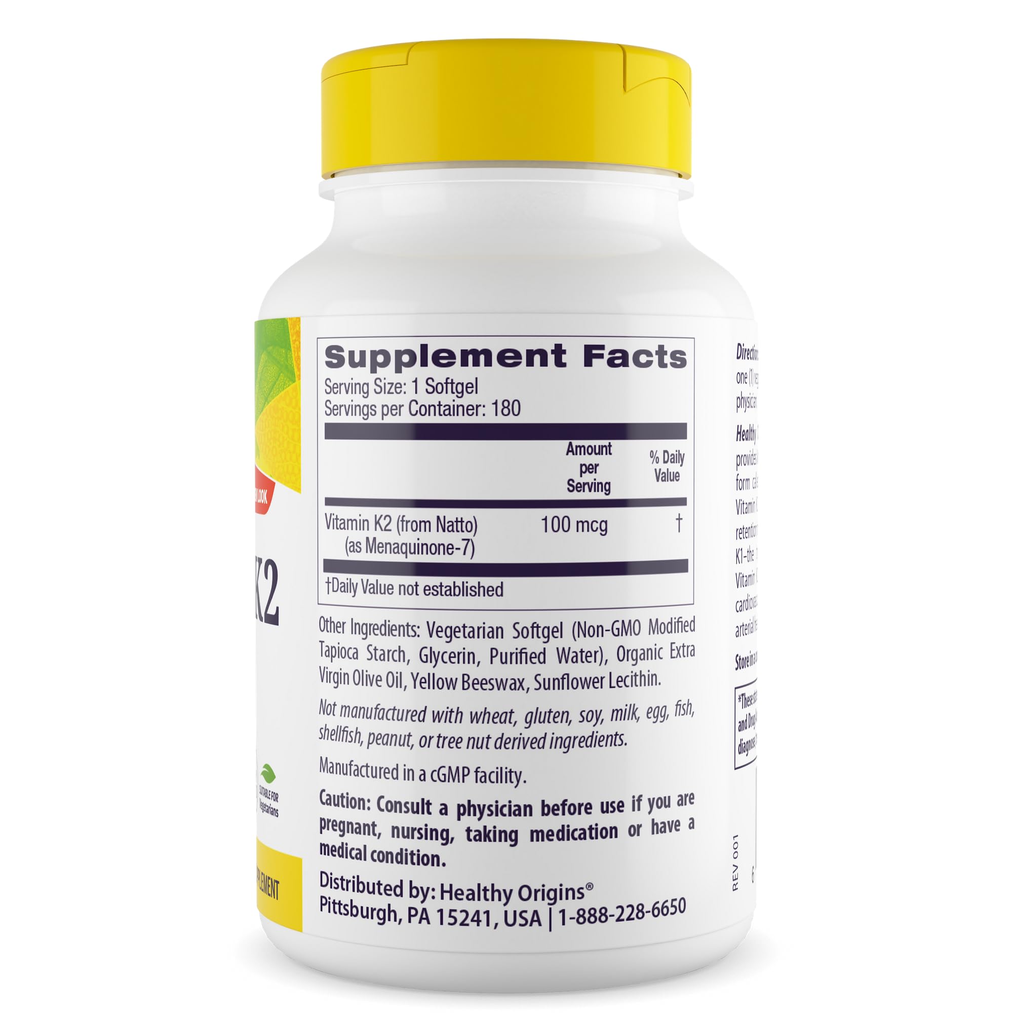Tapa y etiqueta de Healthy Origins Vitamin K2 MK-7 con información de pureza y no-GMO