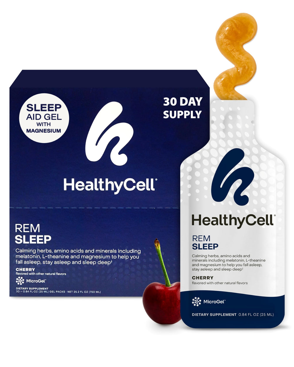 Healthycell empaque frontal microgel muestra dosis y sabor cereza