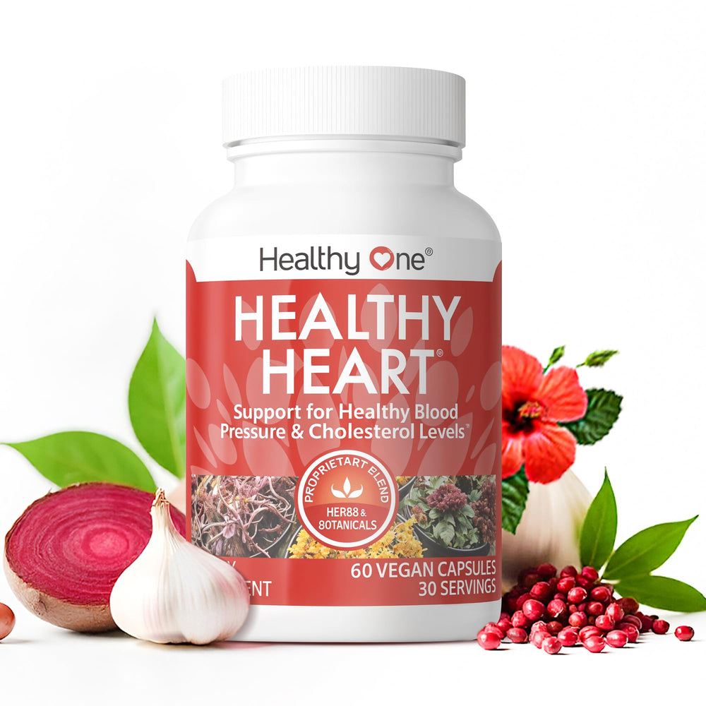 Healthy One Healthy Heart frente del empaque mostrando 60 cápsulas y beneficios claros