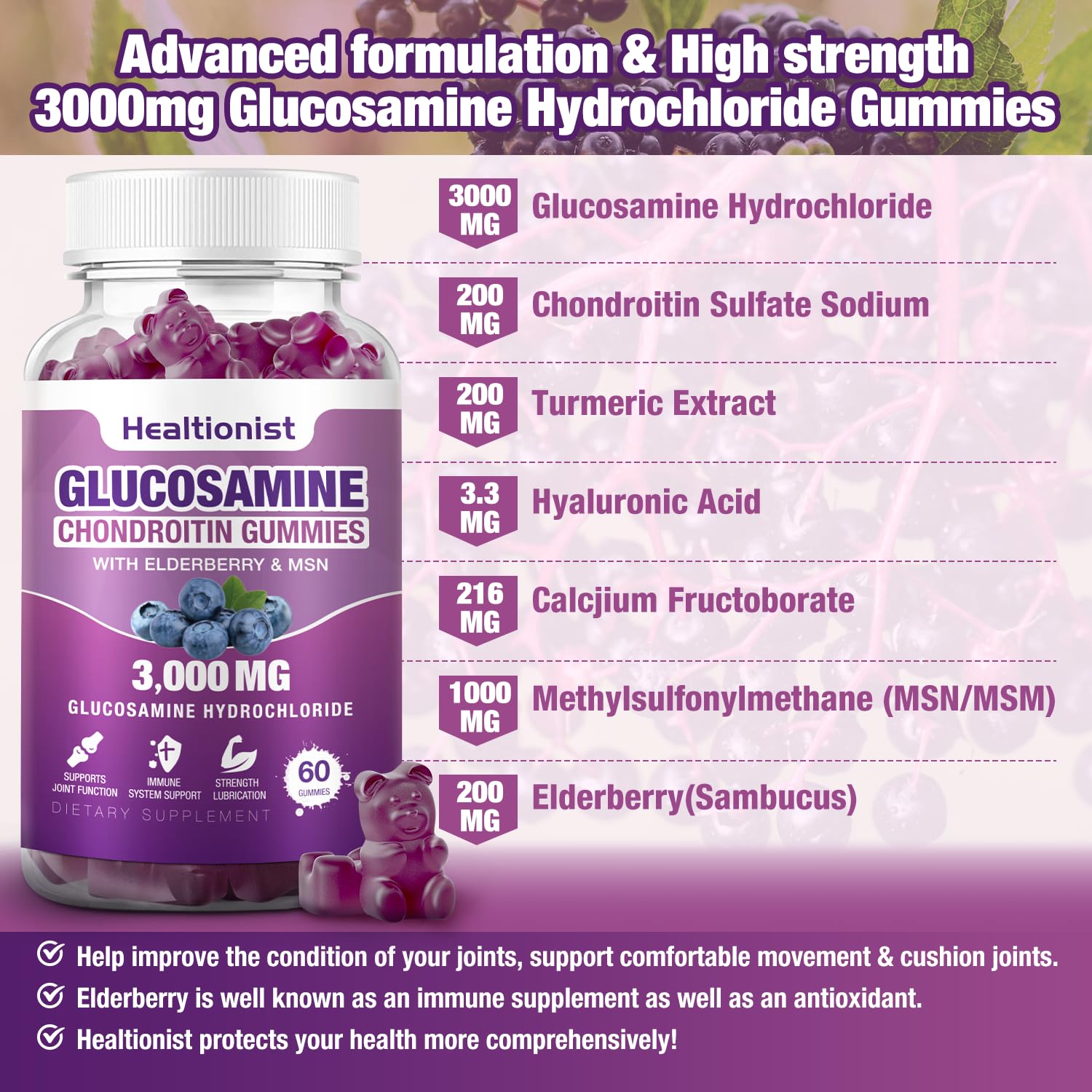 Envase abierto con gomitas Healtionist desplegadas para uso diario