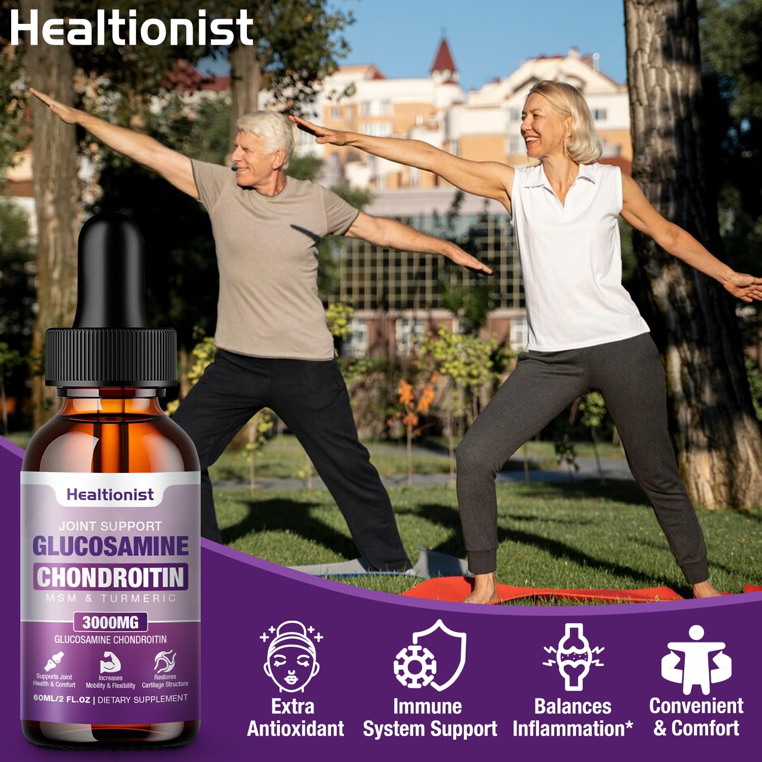 Healtionist gotas vertidas en vaso para mezclar y tomar cómodamente