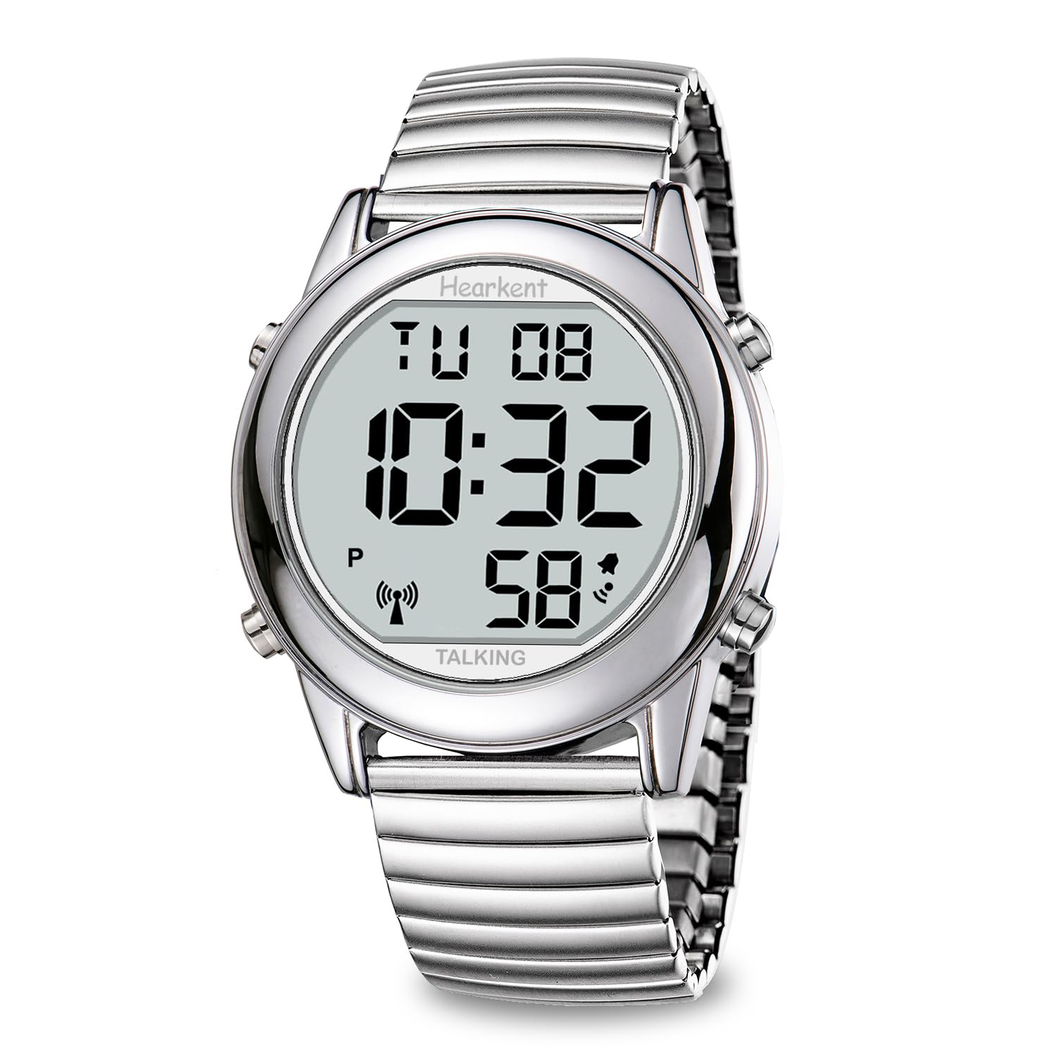 Hearkent vista frontal del reloj con dígitos grandes y fácil lectura