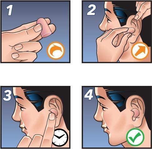 Hearos tapón en uso mostrando inserción correcta y reducción de ruido