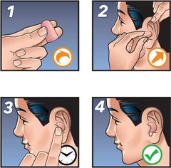 Hearos tapón en uso mostrando inserción correcta y reducción de ruido