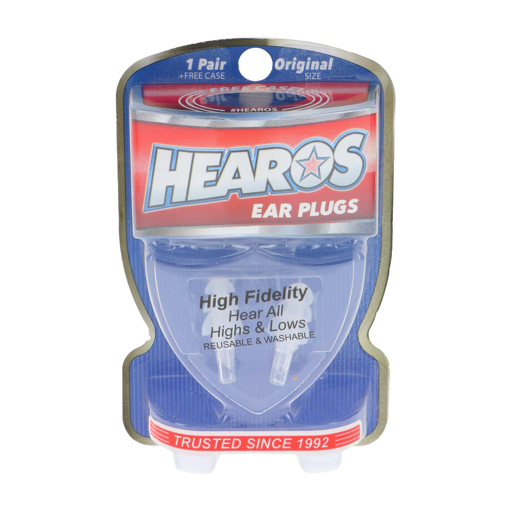 Hearos vista frontal del tapón y embalaje que muestra portabilidad