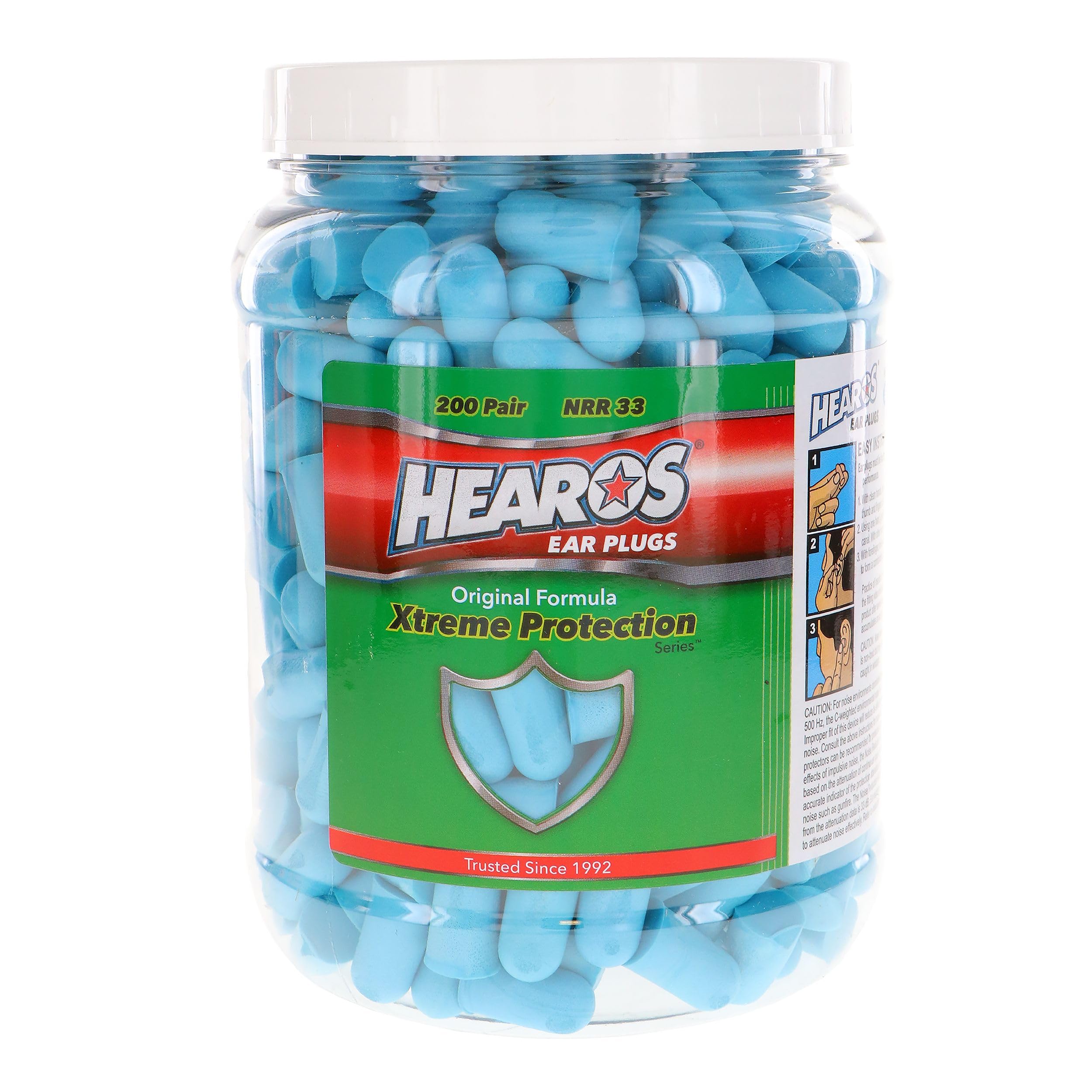 HEAROS paquete frontal azul mostrando 200 pares para protección confiable