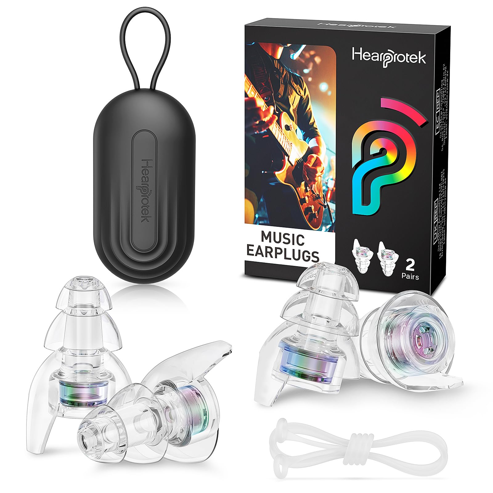Hearprotek vista frontal con tapones y estuche mostrando diseño y protección