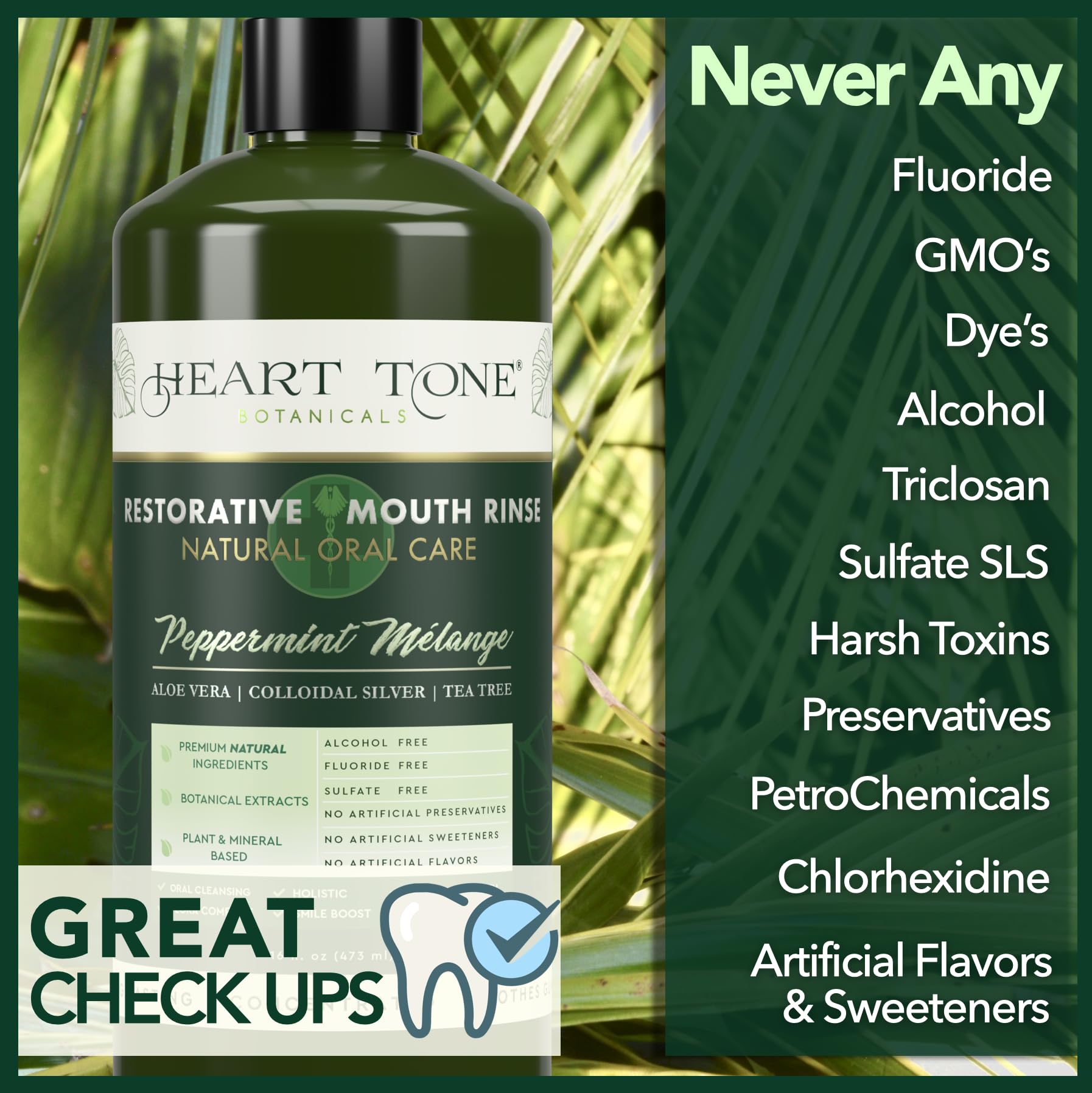 Heart Tone Botanicals persona usando enjuague, frescura sin alcohol
