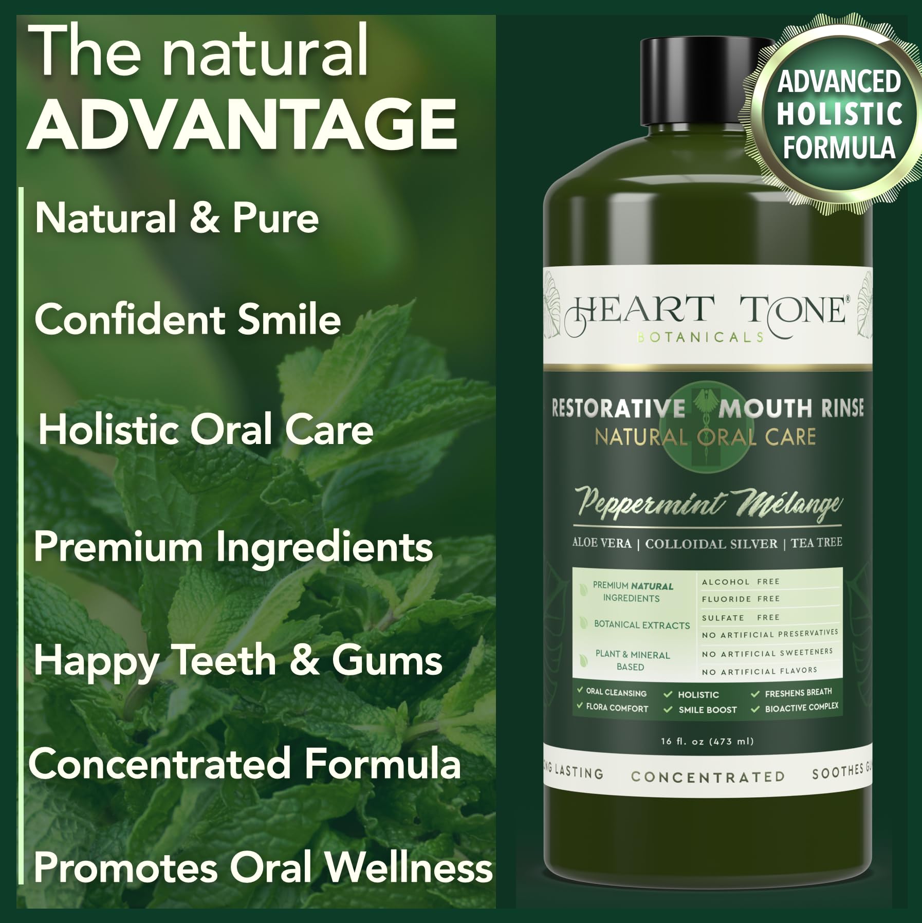 Heart Tone Botanicals etiqueta con ingredientes, muestra plata y extractos botánicos