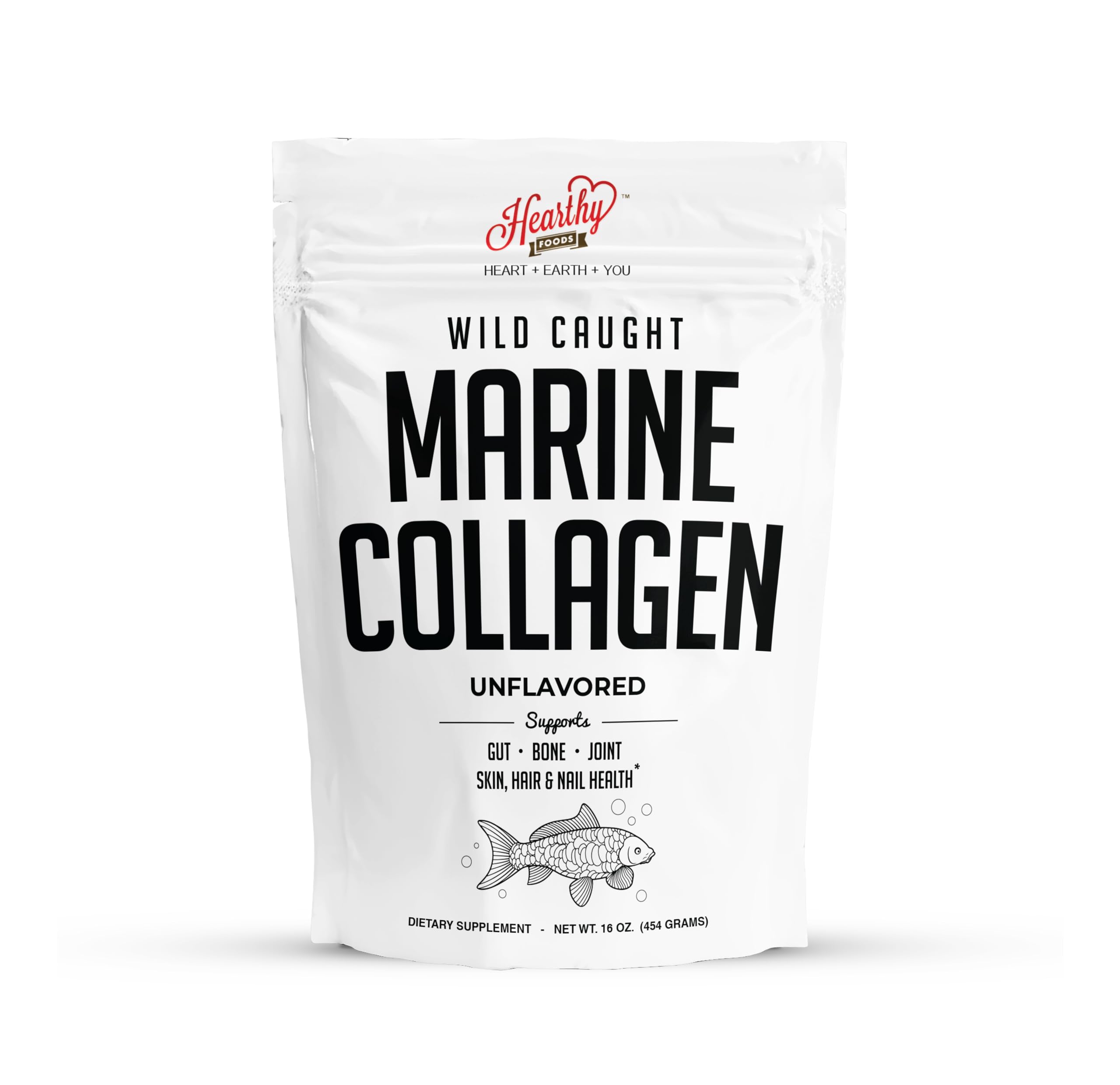 HEARTHY FOODS empaque frontal del colágeno marino mostrando tamaño y marca