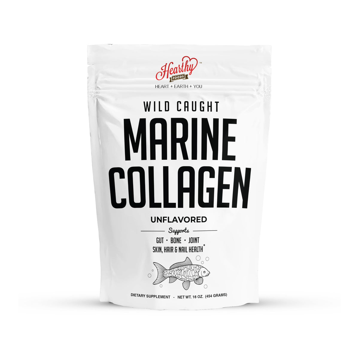 HEARTHY FOODS empaque frontal del colágeno marino mostrando tamaño y marca