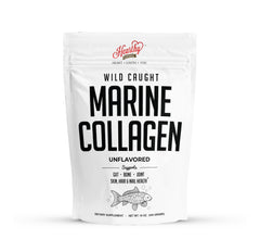 HEARTHY FOODS empaque frontal del colágeno marino mostrando tamaño y marca