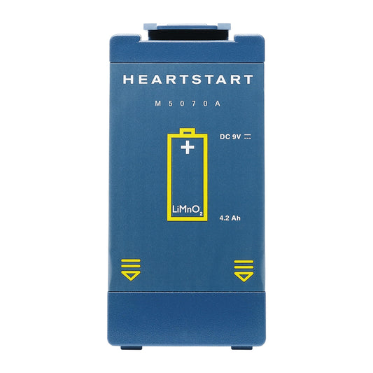 HeartStart vista frontal del empaque de la batería mostrando compatibilidad y tranquilidad