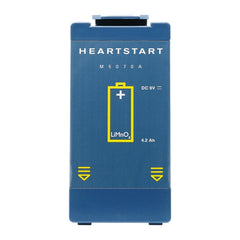 HeartStart vista frontal del empaque de la batería mostrando compatibilidad y tranquilidad