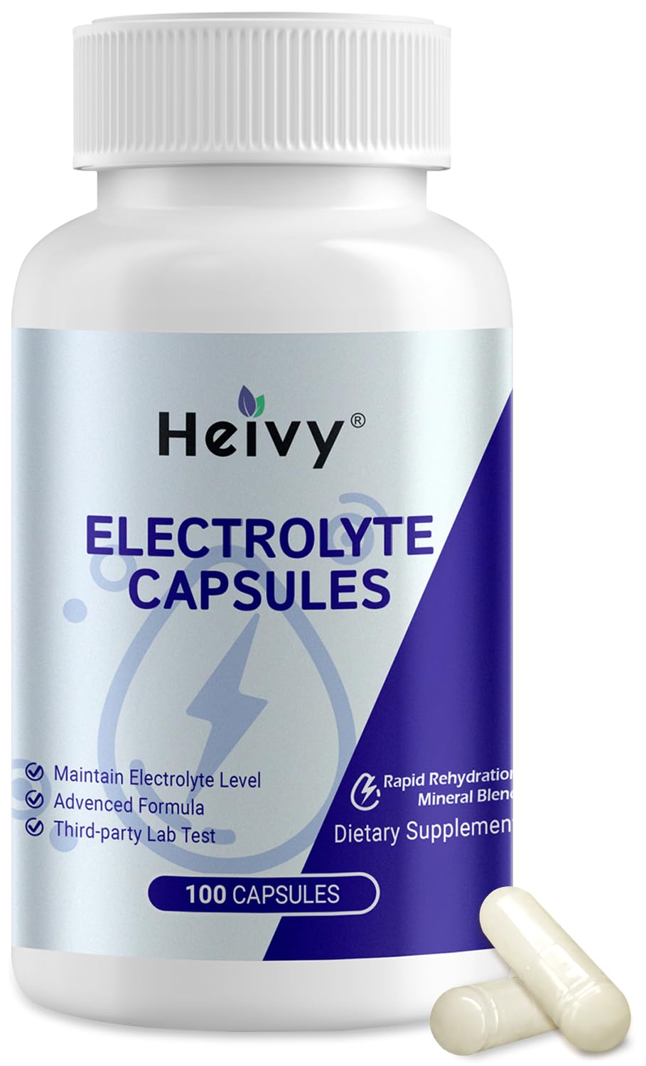 Heivy envase frontal mostrando 100 cápsulas, práctico para viaje