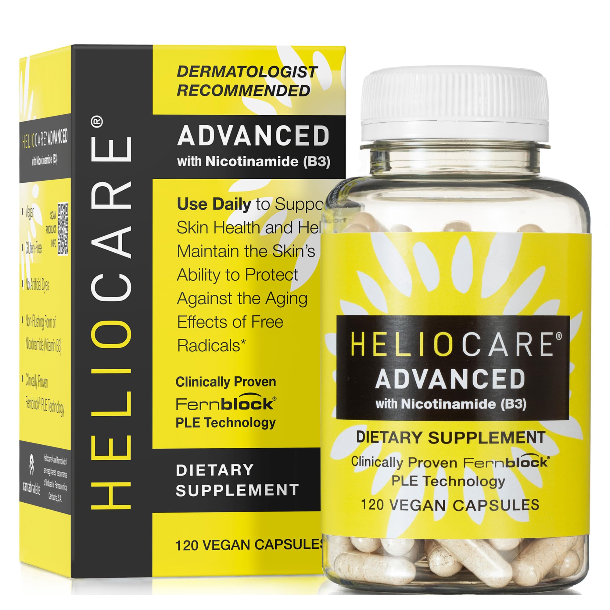 Heliocare envase frontal mostrando 120 cápsulas y diseño informativo