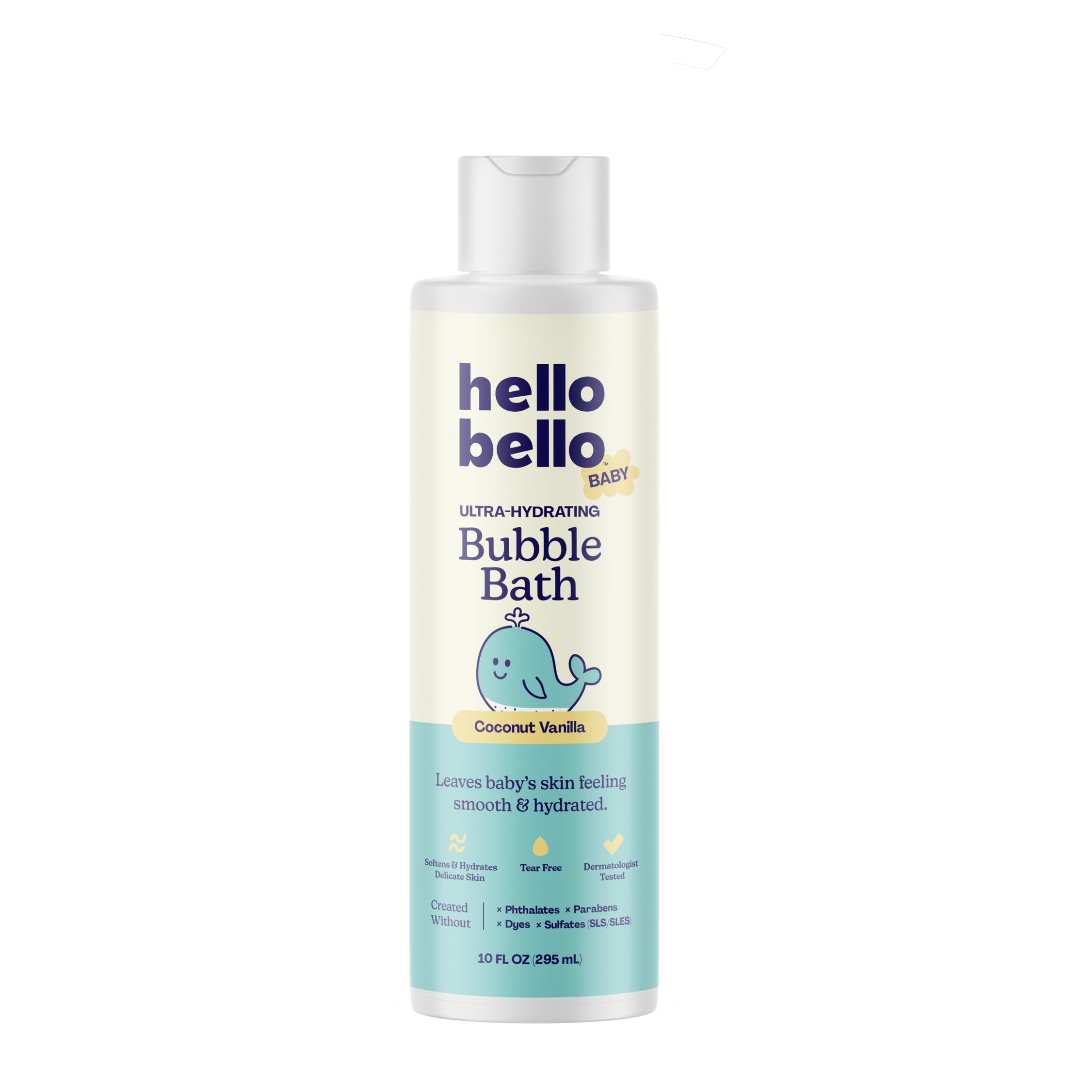 Hello Bello botella frente mostrando etiqueta y aroma coco vainilla, beneficio limpieza suave
