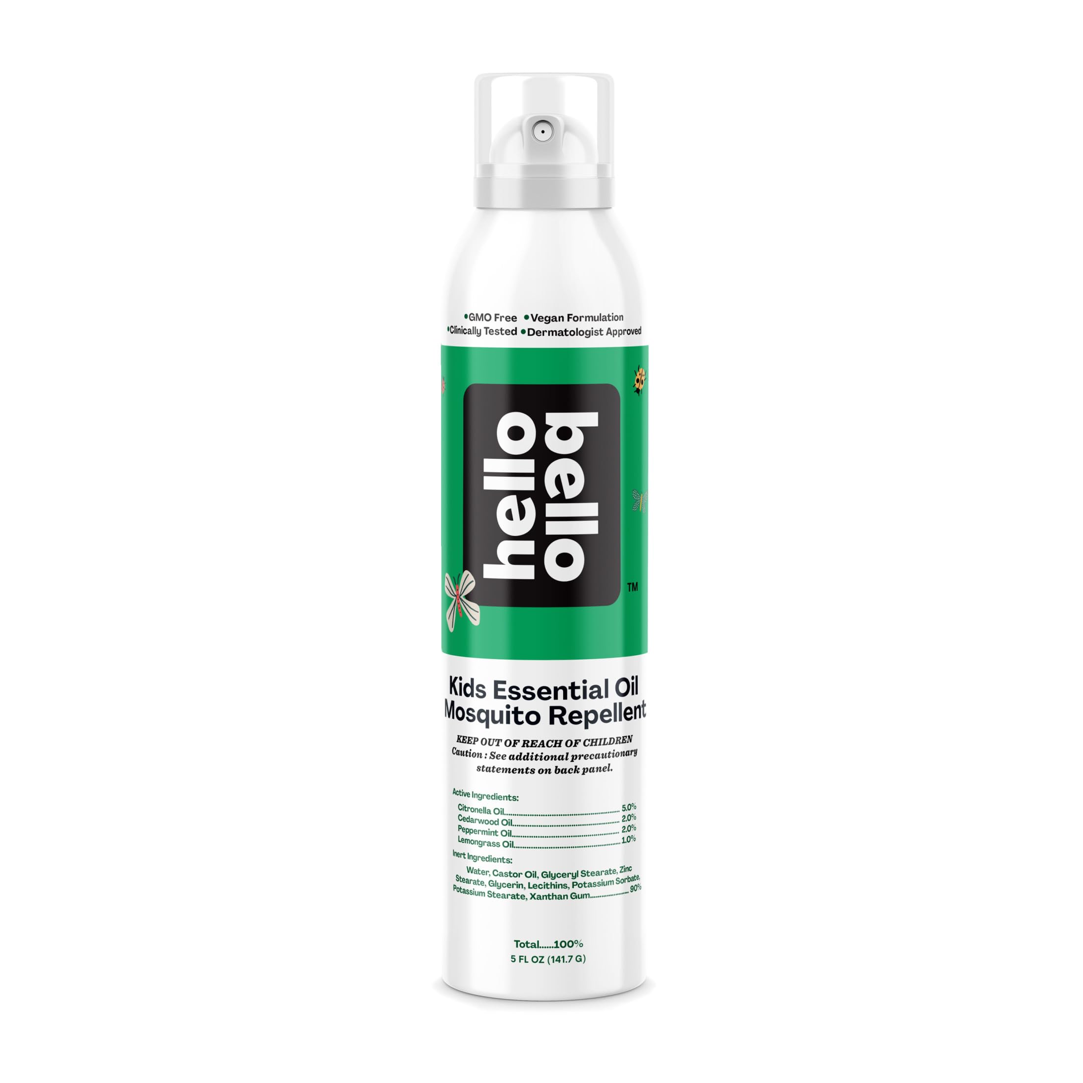 Hello Bello frasco frontal 5 oz mostrando diseño y beneficio anti-mosquitos
