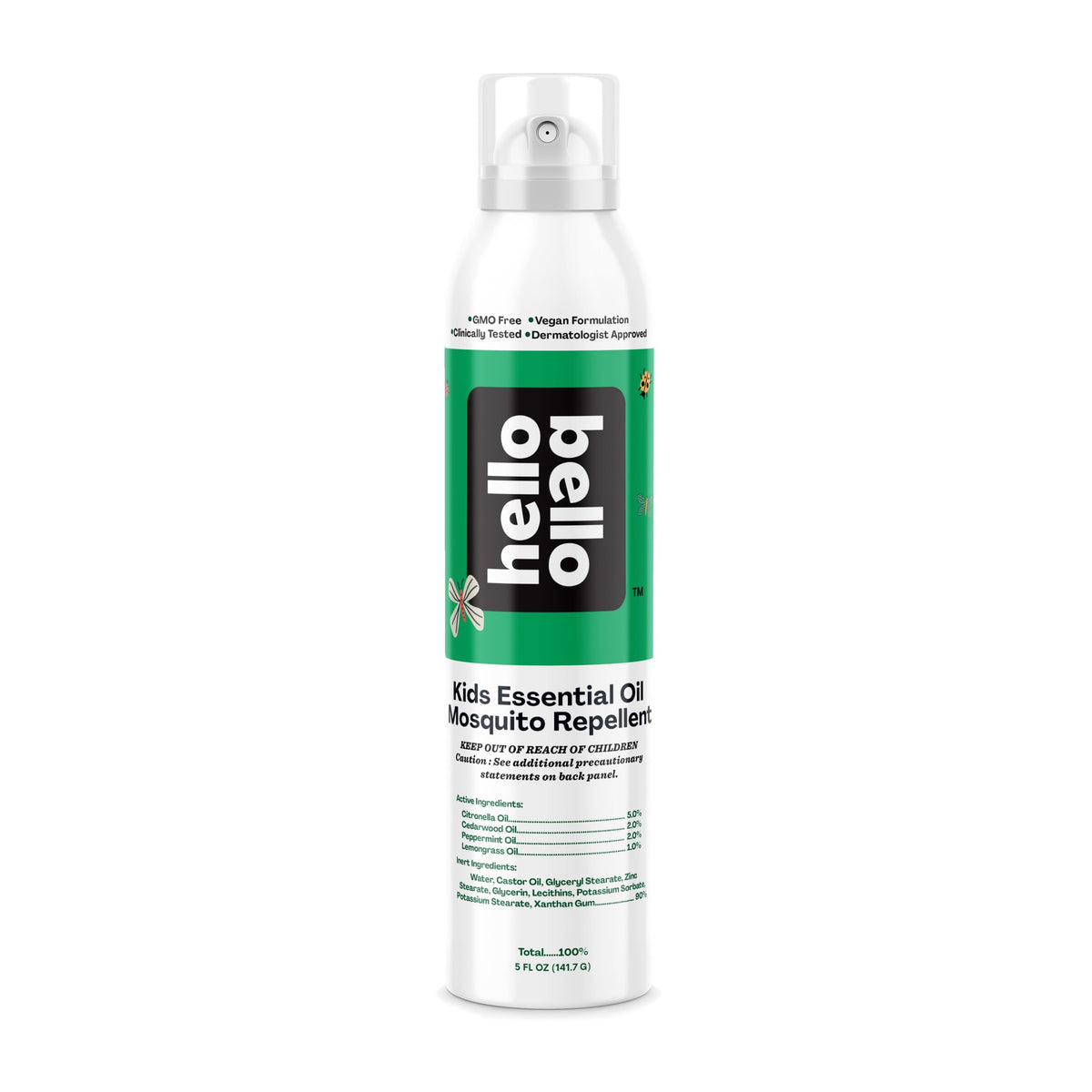 Hello Bello frasco frontal 5 oz mostrando diseño y beneficio anti-mosquitos