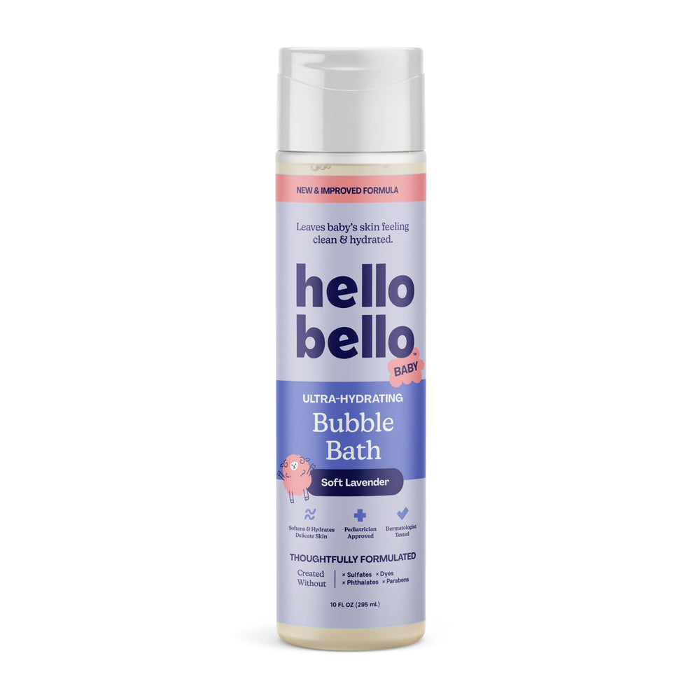 Hello Bello frasco frontal con lavanda, diseño claro y uso práctico