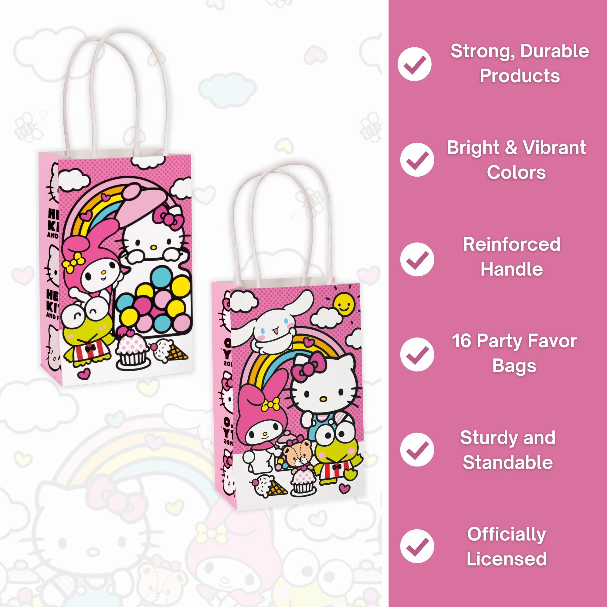 Unique Hello Kitty bolsas en una mesa de fiesta con dulces y decoración festiva