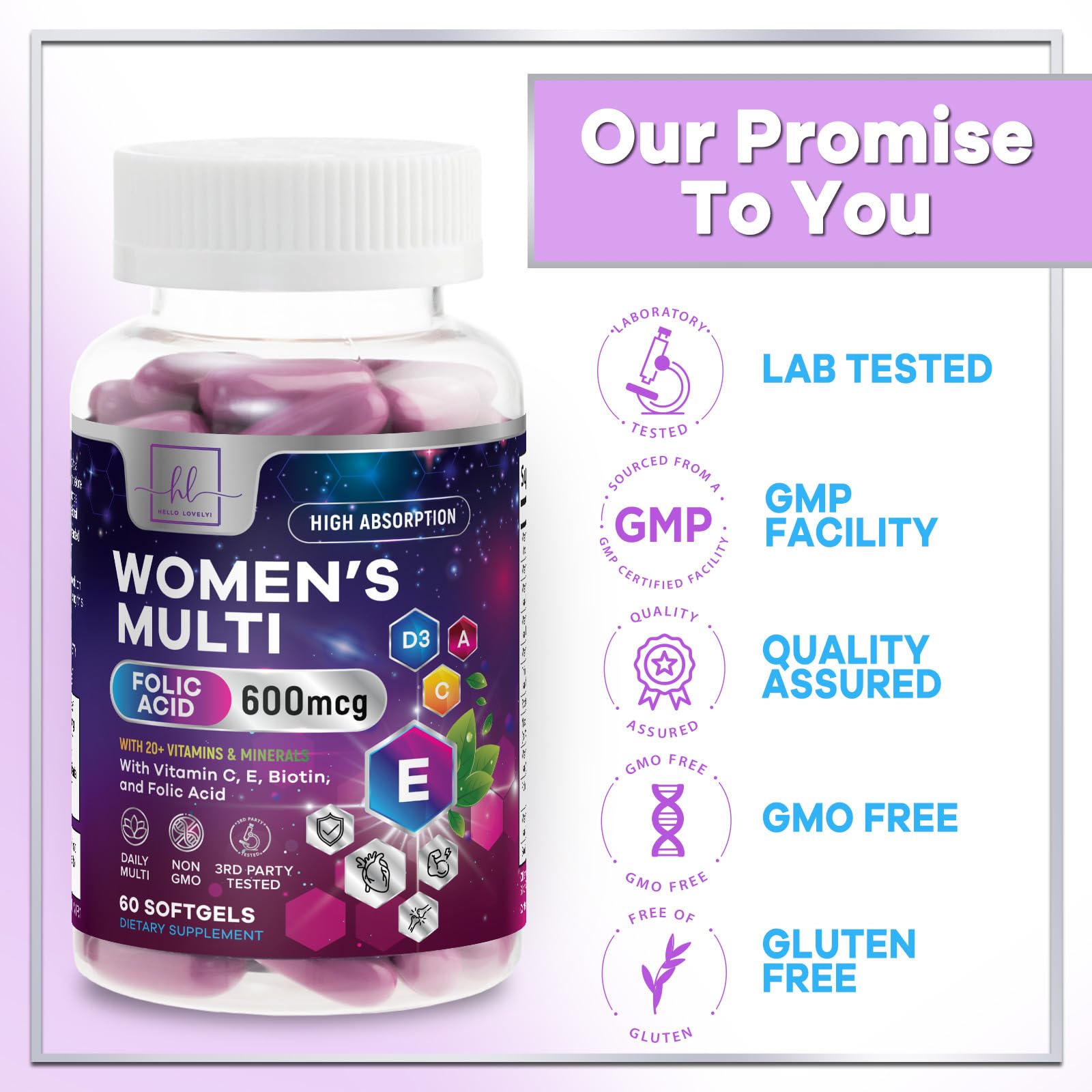 Hello Lovely! softgels en la mano para comparar tamaño y dosificación