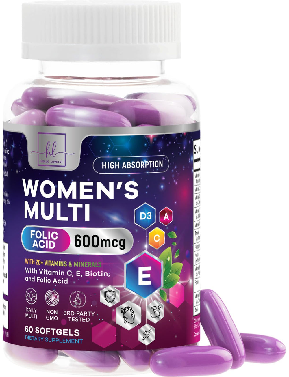 Hello Lovely! frasco de 60 softgels mostrando presentación y conveniencia