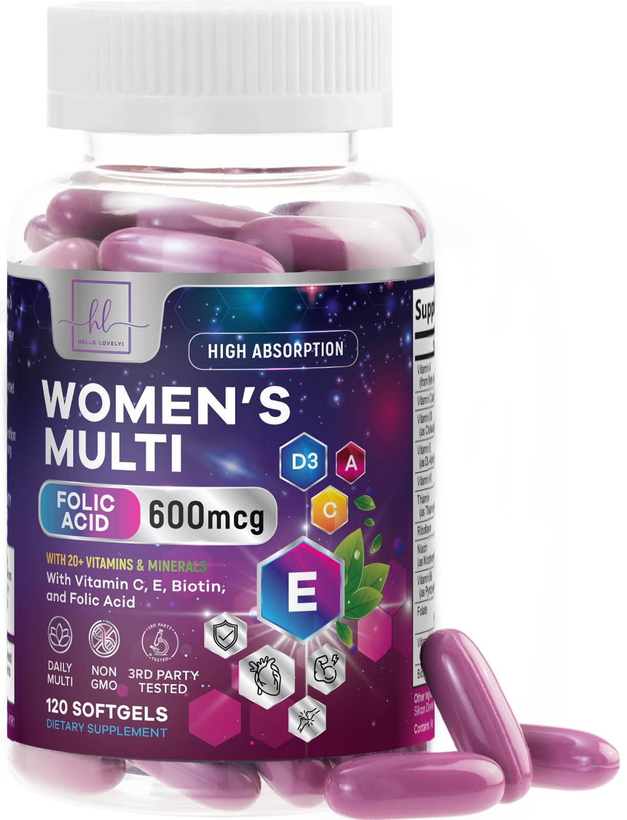 Hello Lovely! frente del envase mostrando 120 softgels y beneficio de soporte diario