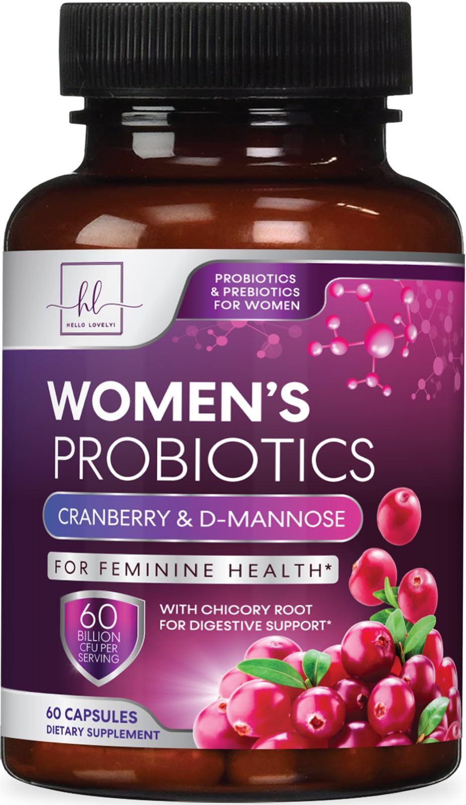 Hello Lovely! frente del envase mostrando 60 cápsulas y beneficio de apoyo diario