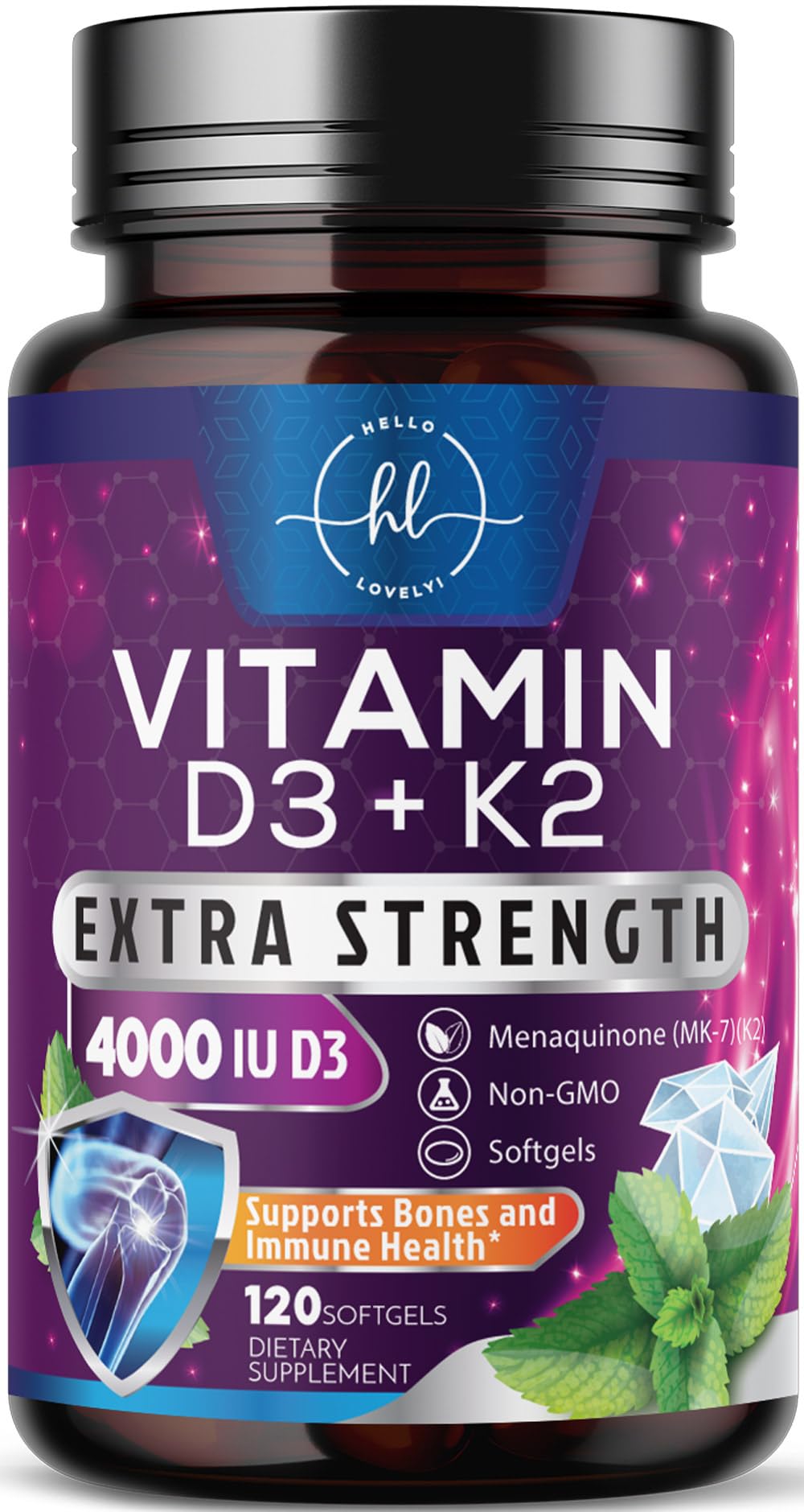 Hello Lovely! botella frontal mostrando D3 K2 para salud ósea