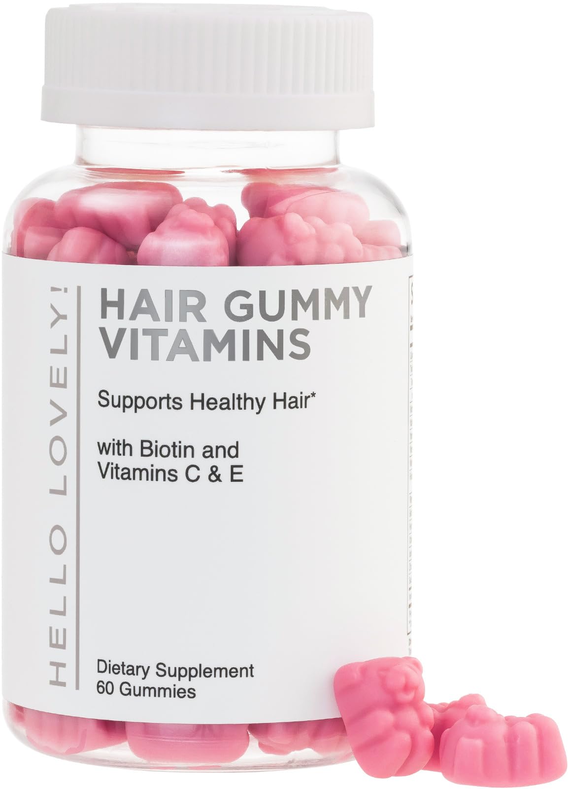 Hello Lovely! envase frontal mostrando 60 gomitas y beneficios