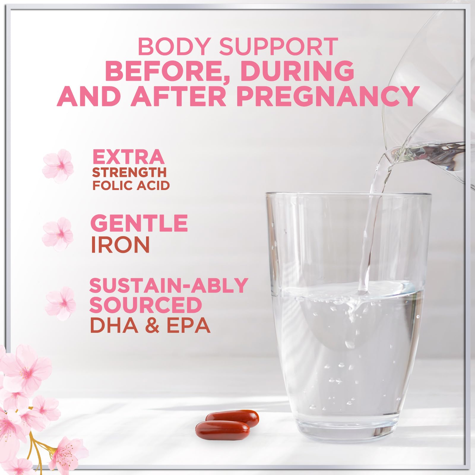 Hello Lovely! softgels junto a frutas que sugieren complemento nutricional