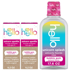 presentación del set hello Unicorn sobre encimera del baño práctico