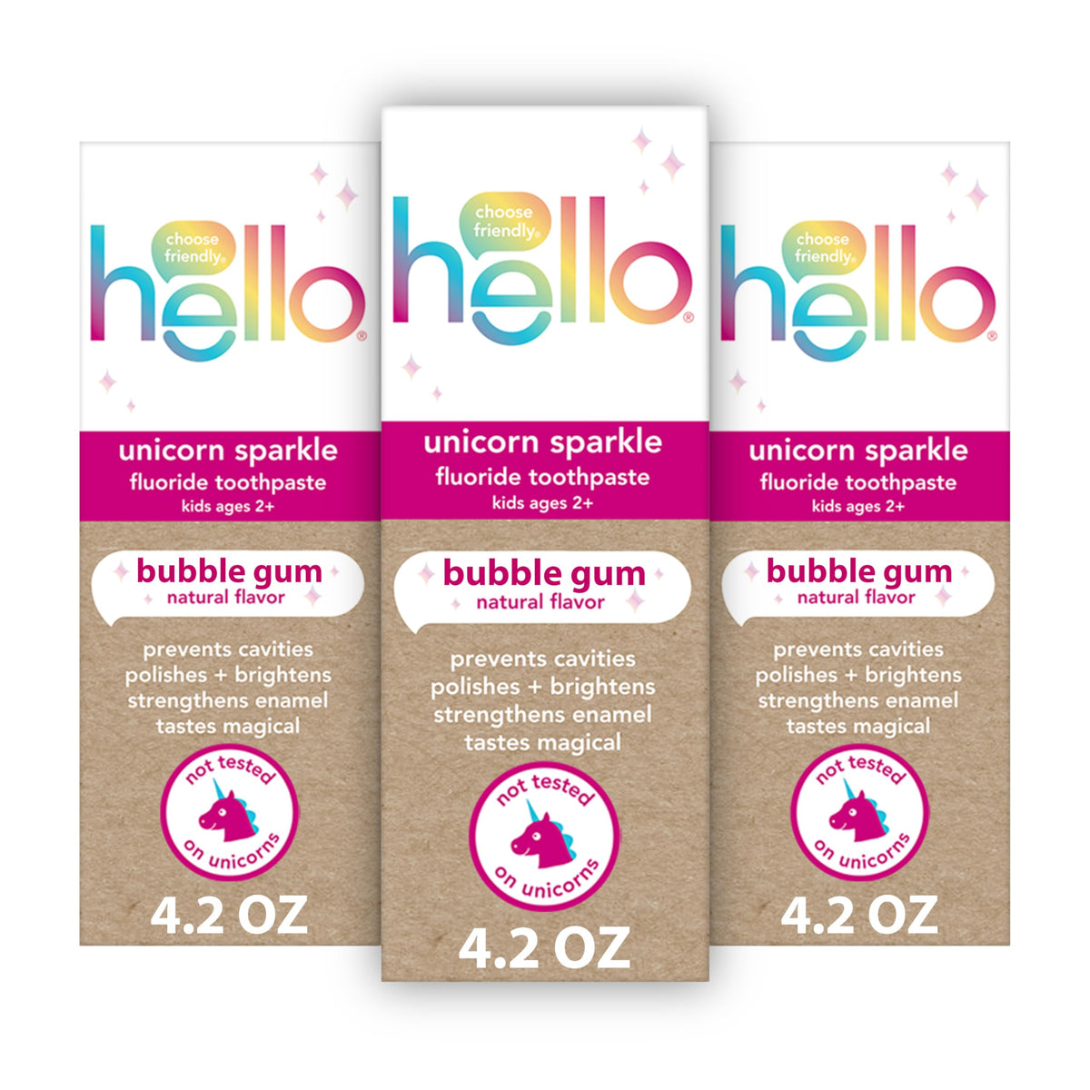 hello unicorn frente del paquete que muestra diseño atractivo y fácil identificación