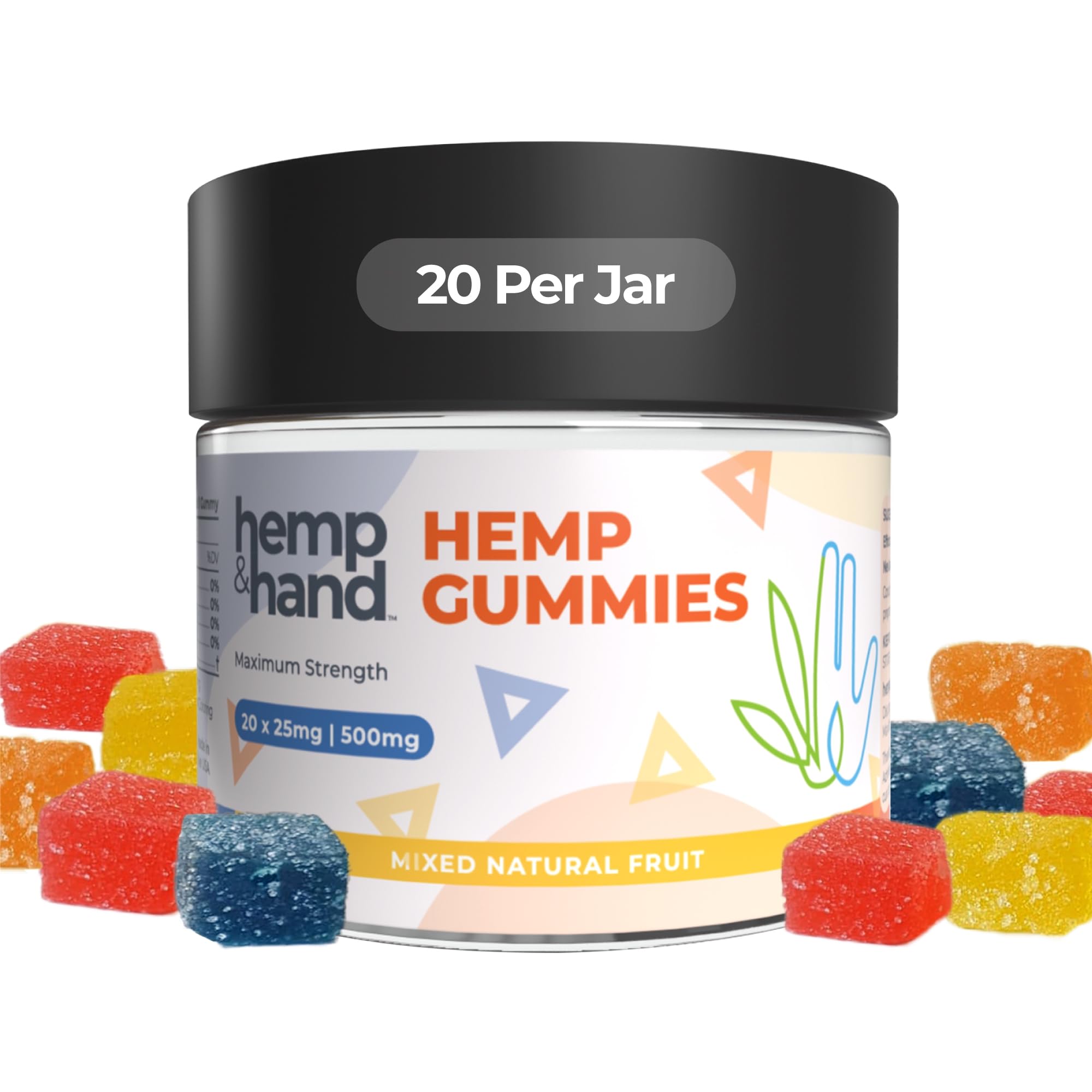 Hemp & Hand frasco frontal mostrando 20 gominolas y etiqueta clara