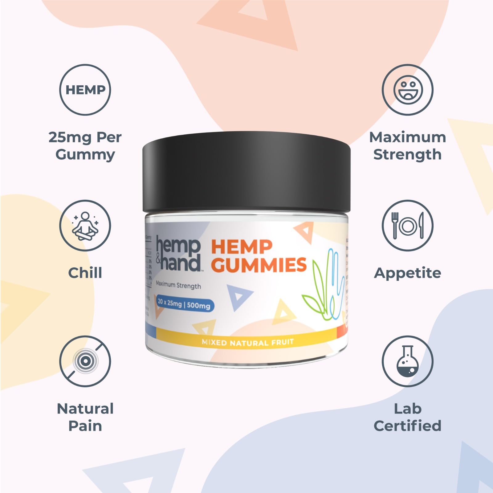 Hemp & Hand gominolas en mano para comparar tamaño y dosis