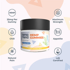 Hemp & Hand gominolas en mano para comparar tamaño y dosis