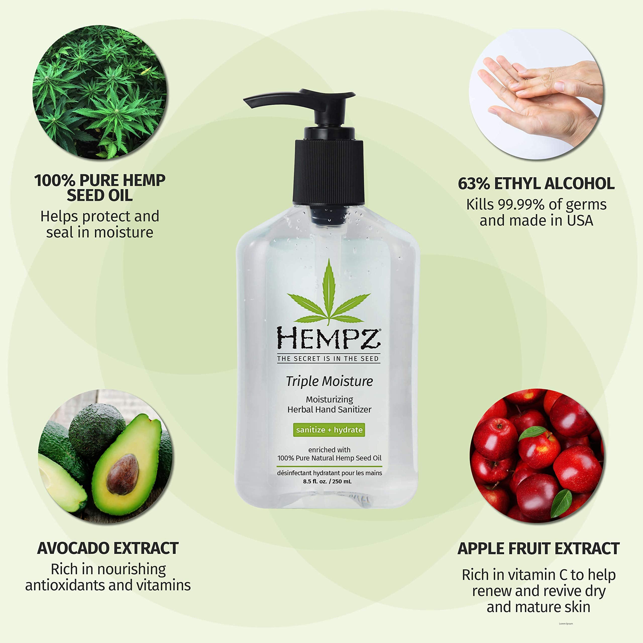 Hempz textura de gel en palma, hidratación y secado rápido