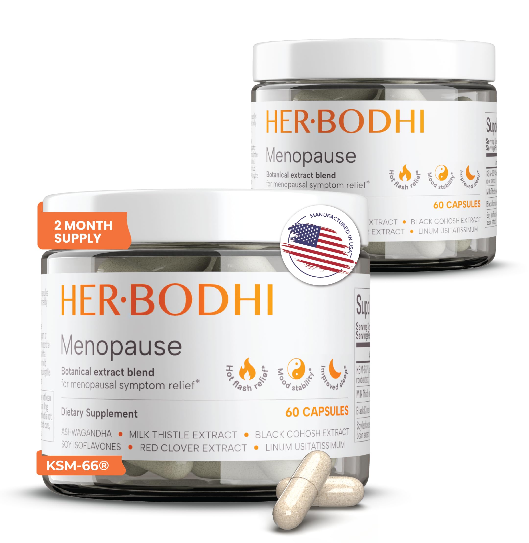 Her Bodhi Meno frasco frontal mostrando la fórmula vegana y beneficios