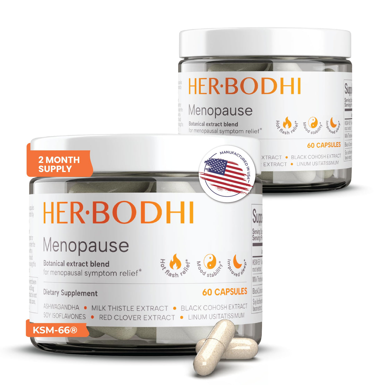 Her Bodhi Meno frasco frontal mostrando la fórmula vegana y beneficios