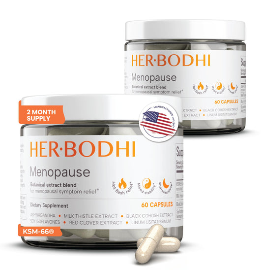 Her Bodhi Meno frasco frontal mostrando la fórmula vegana y beneficios