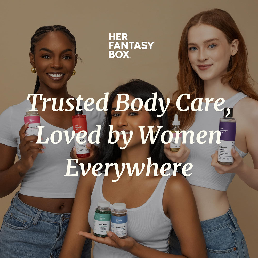 Her Fantasy Box etiqueta con ingredientes y direcciones para seguridad del usuario