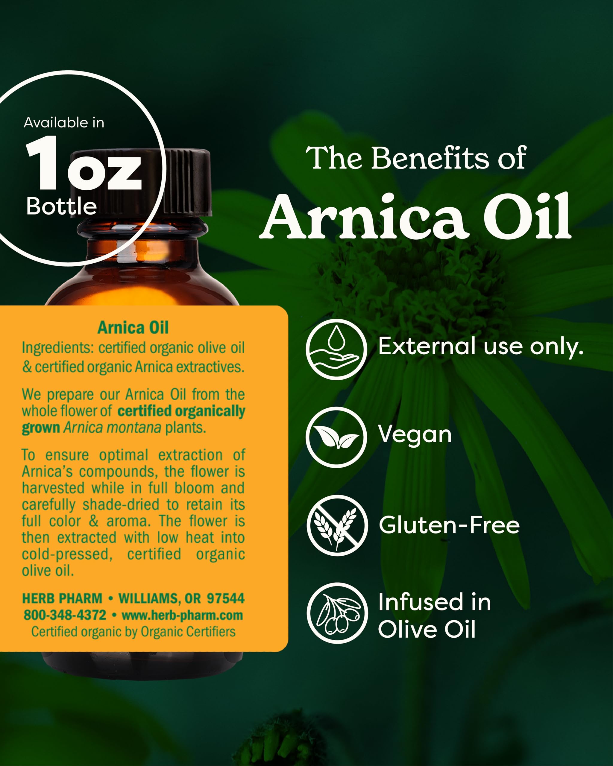 Herb Pharm detalle de flores de árnica maceradas en aceite para pureza botánica