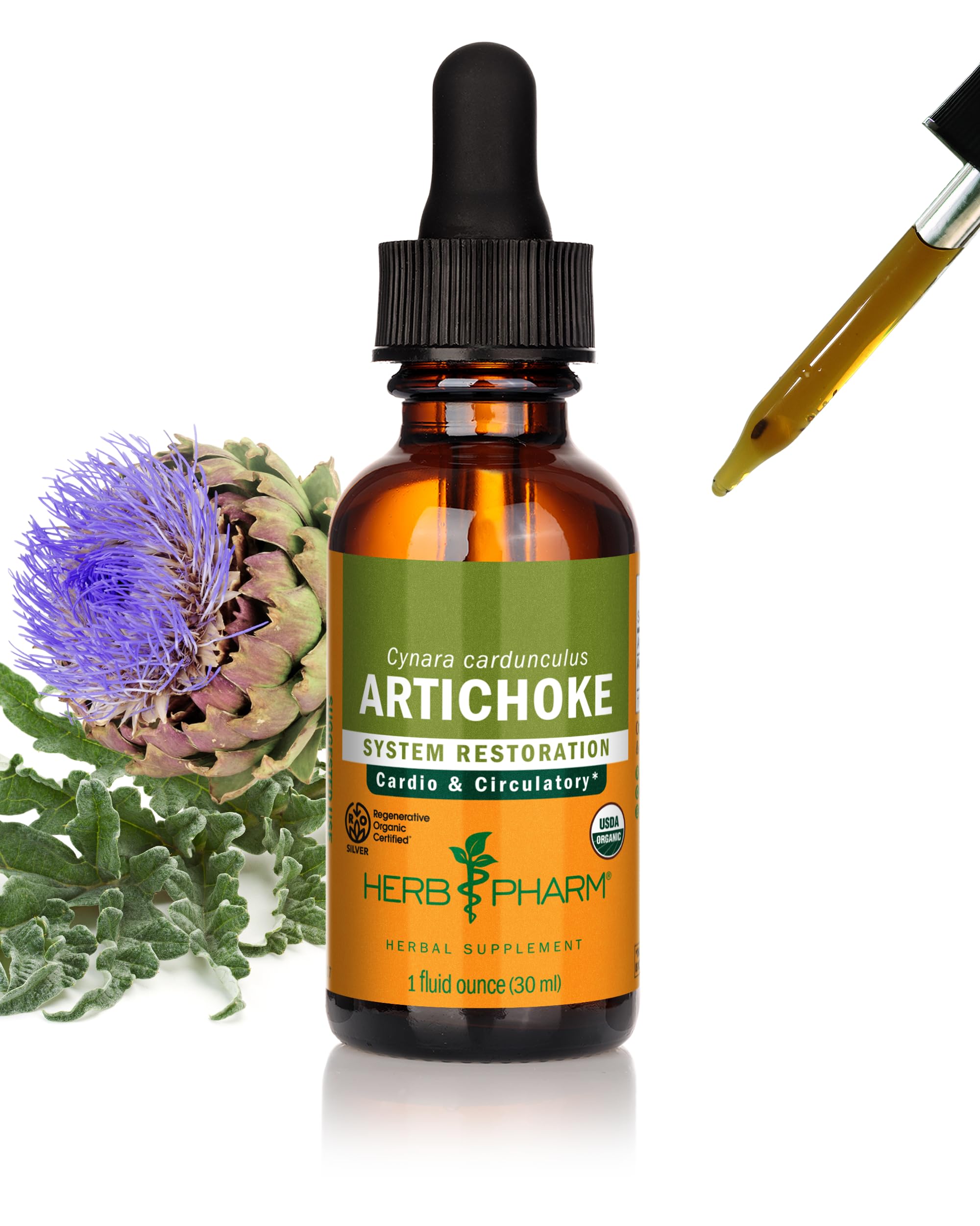 Herb Pharm frasco delantero mostrando extracto líquido y sello orgánico beneficios visuales