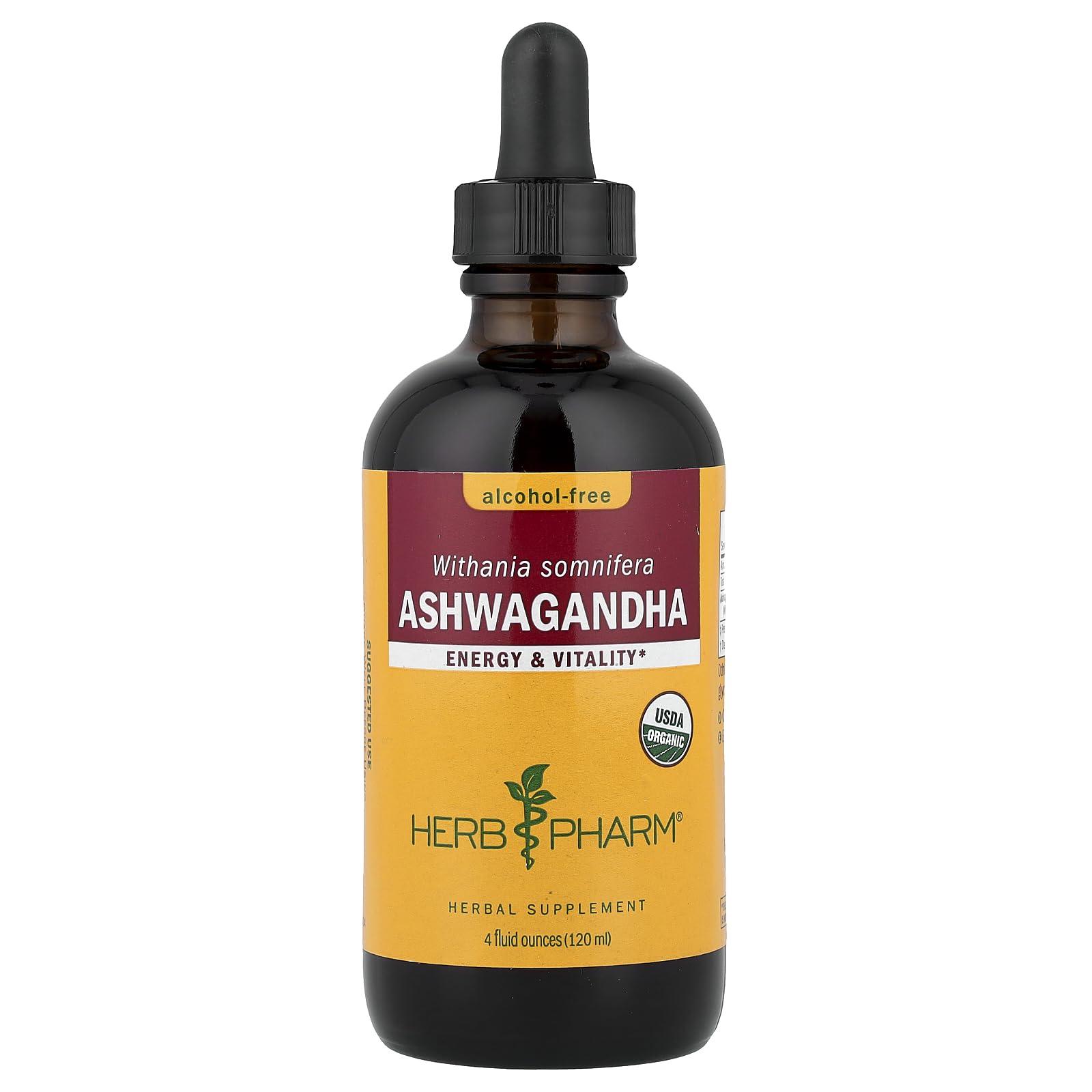 Herb Pharm botella frontal de Ashwagandha, presentación 4 oz y etiqueta clara